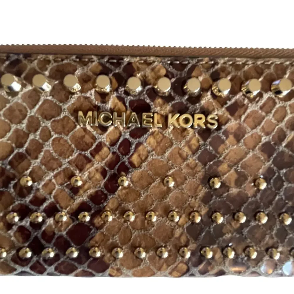Michael Kors Studded Snakeskin Zip Around Wallet Womens Tan Gold
